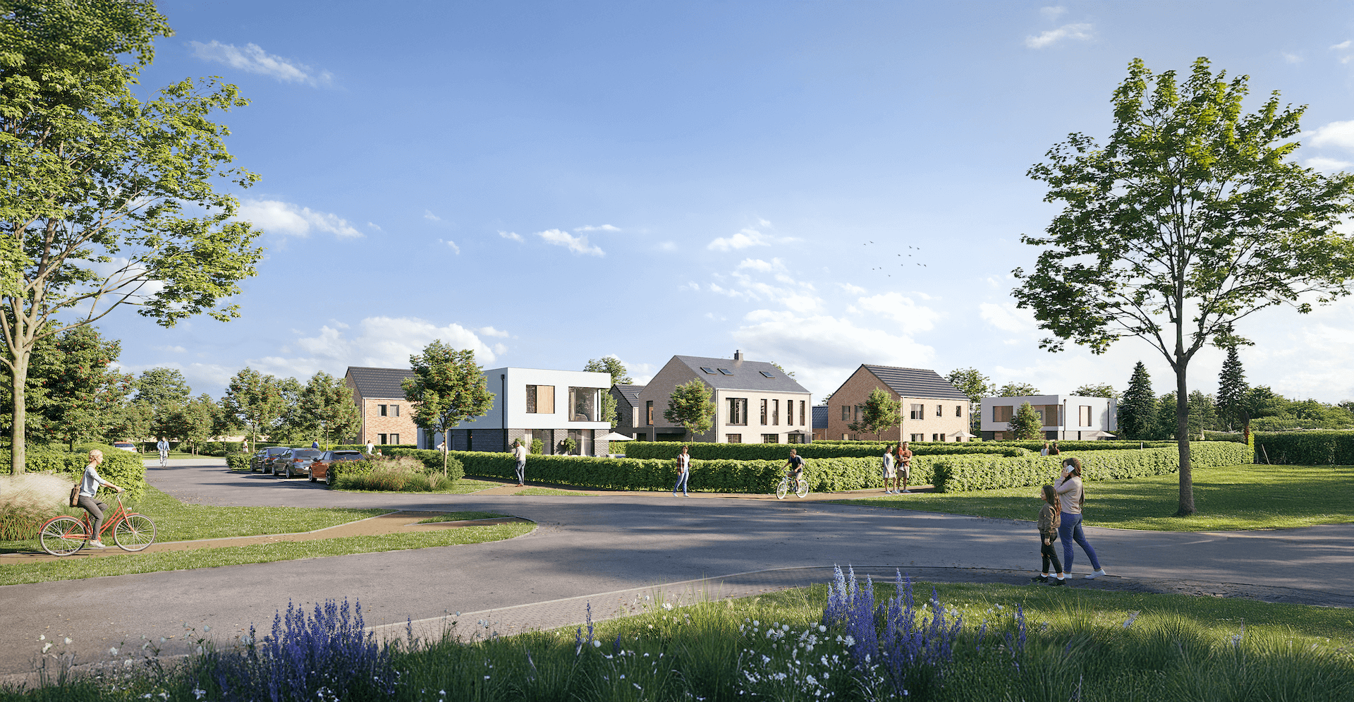 Vue ensoleillée des nouvelles maisons contemporaines du 'Clos des Arts', avec résidents se promenant, illustrant un cadre de vie paisible.