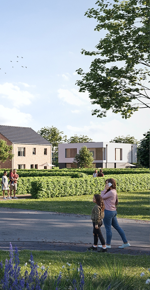 Scène de vie animée au sein du projet immobilier 'Clos des Arts', avec des résidents et des enfants profitant des aménagements paysagers et des maisons modernes.