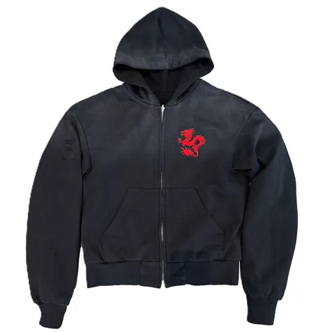 noEmosen Black Embroidered Dragon Zip-Up Hoodie