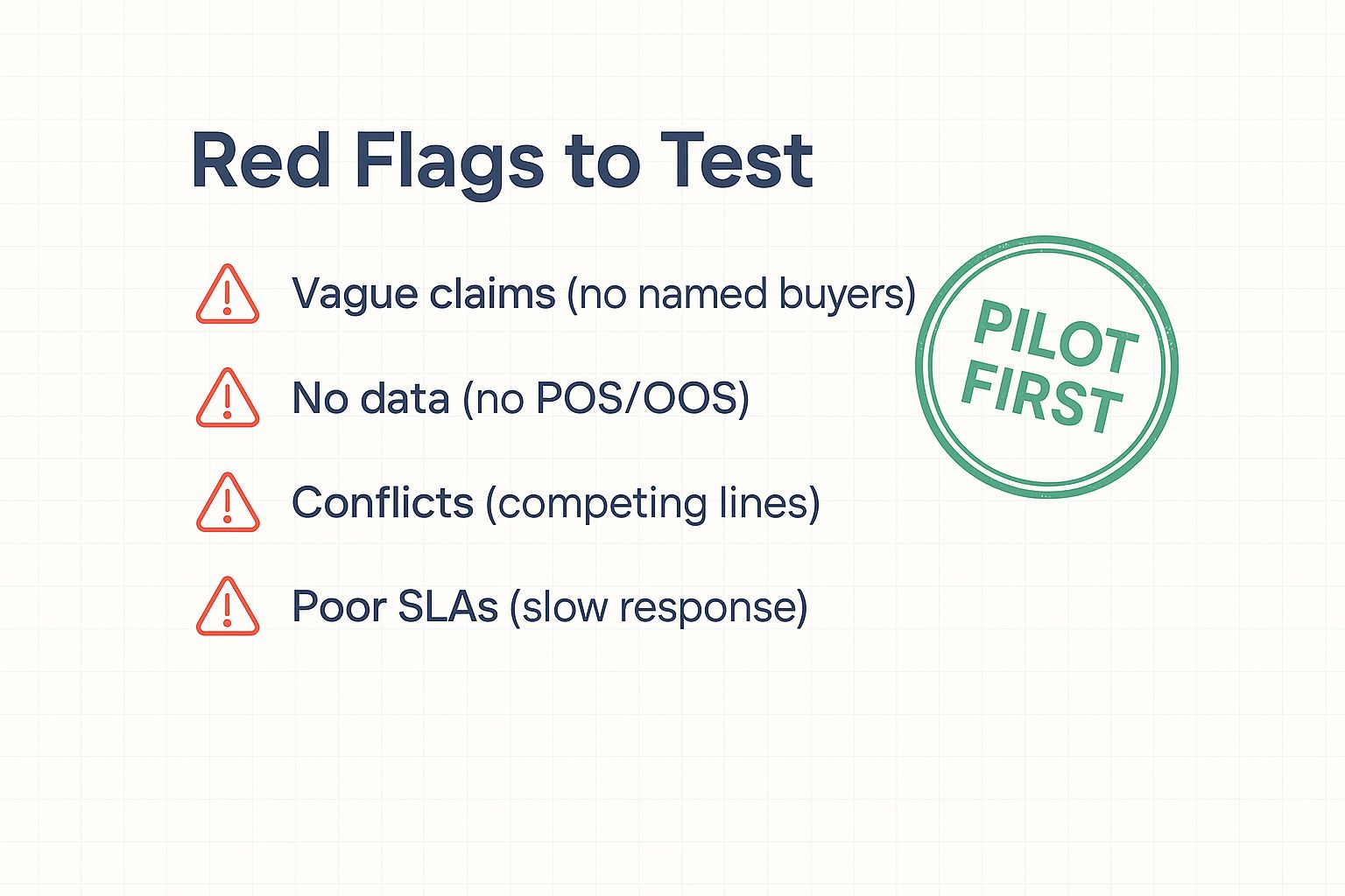 Red flags checklist with simple icons for vague claims, no data, conflicts, poor SLAs, and a green “Pilot First” stamp in the corner.