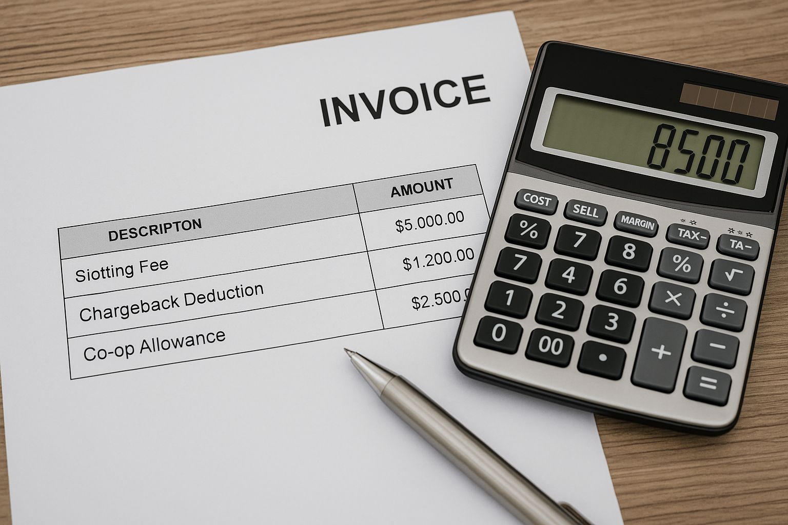 Invoice itemizing slotting fees, chargebacks, and deductions beside a calculator and pen.