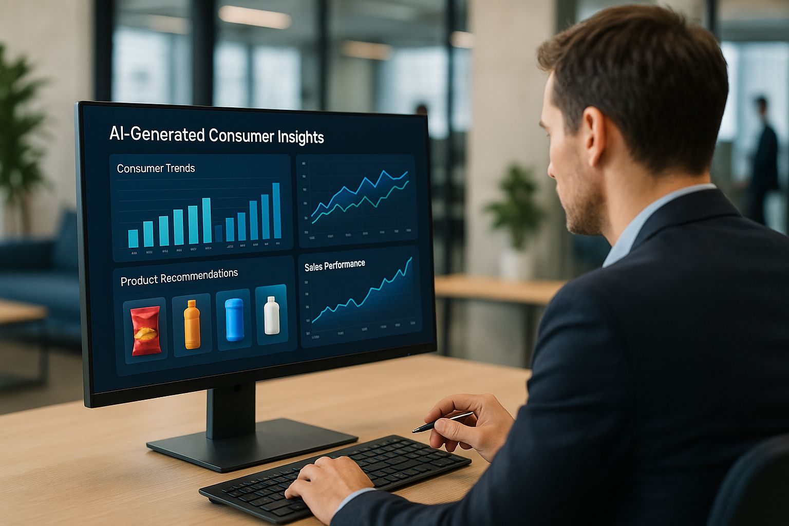 Marketer analyzing AI personalization dashboard with consumer-goods data insights.