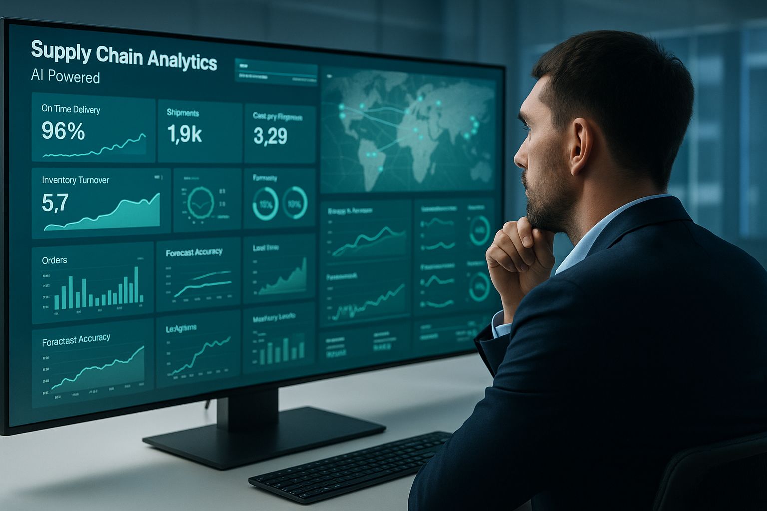 Logistics manager reviewing AI‑powered dashboard showing supply chain metrics and delivery routes.