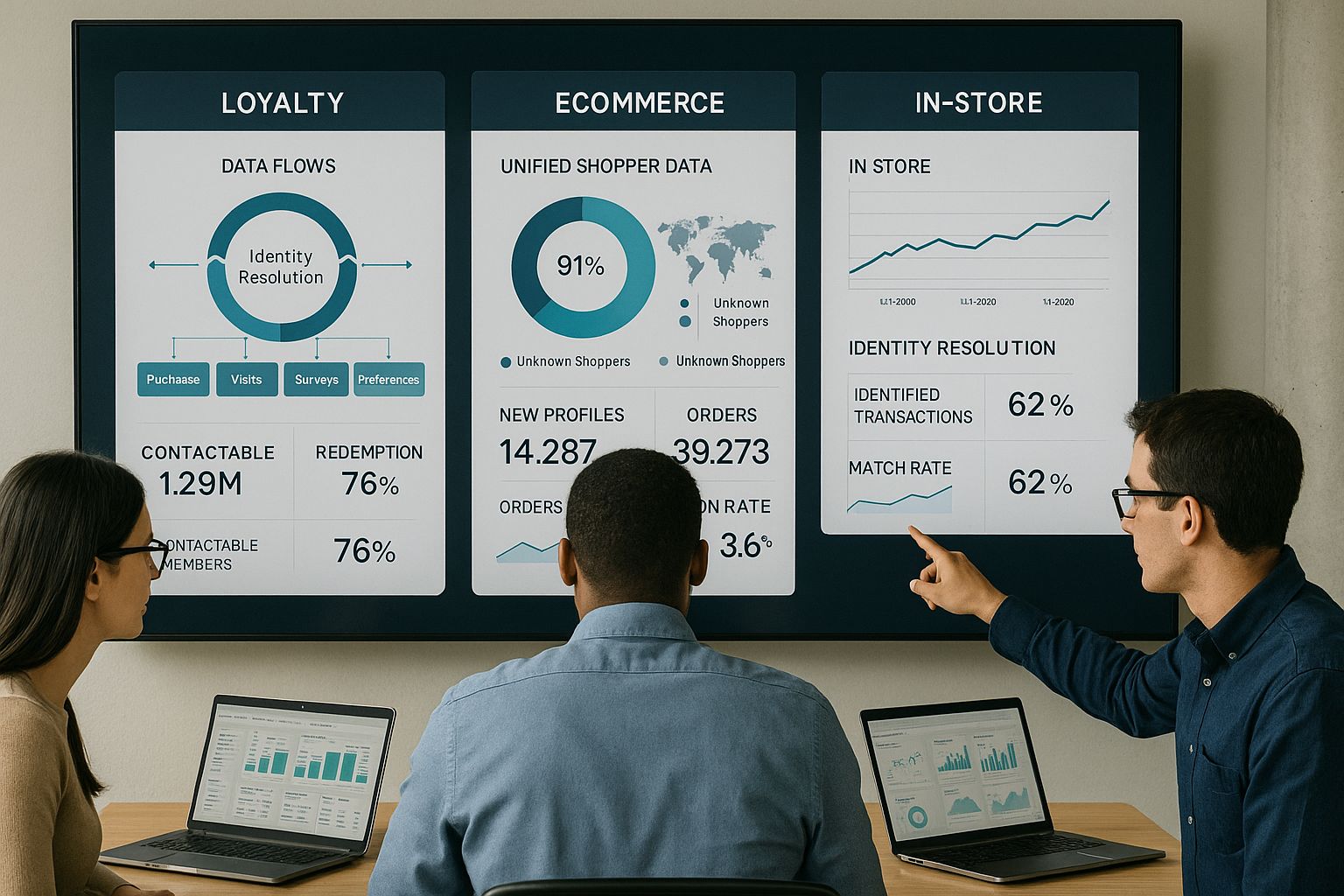 Analytics team reviewing unified first-party shopper data across multiple channels