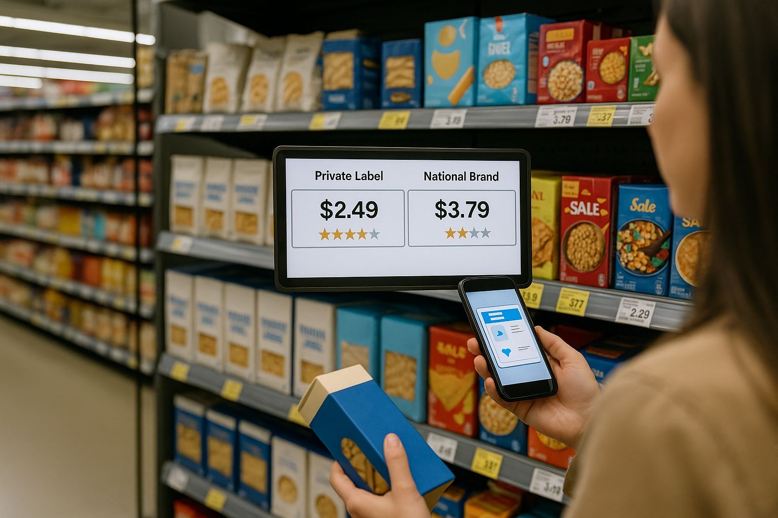 Shopper comparing private label and national brand items on a digital shelf