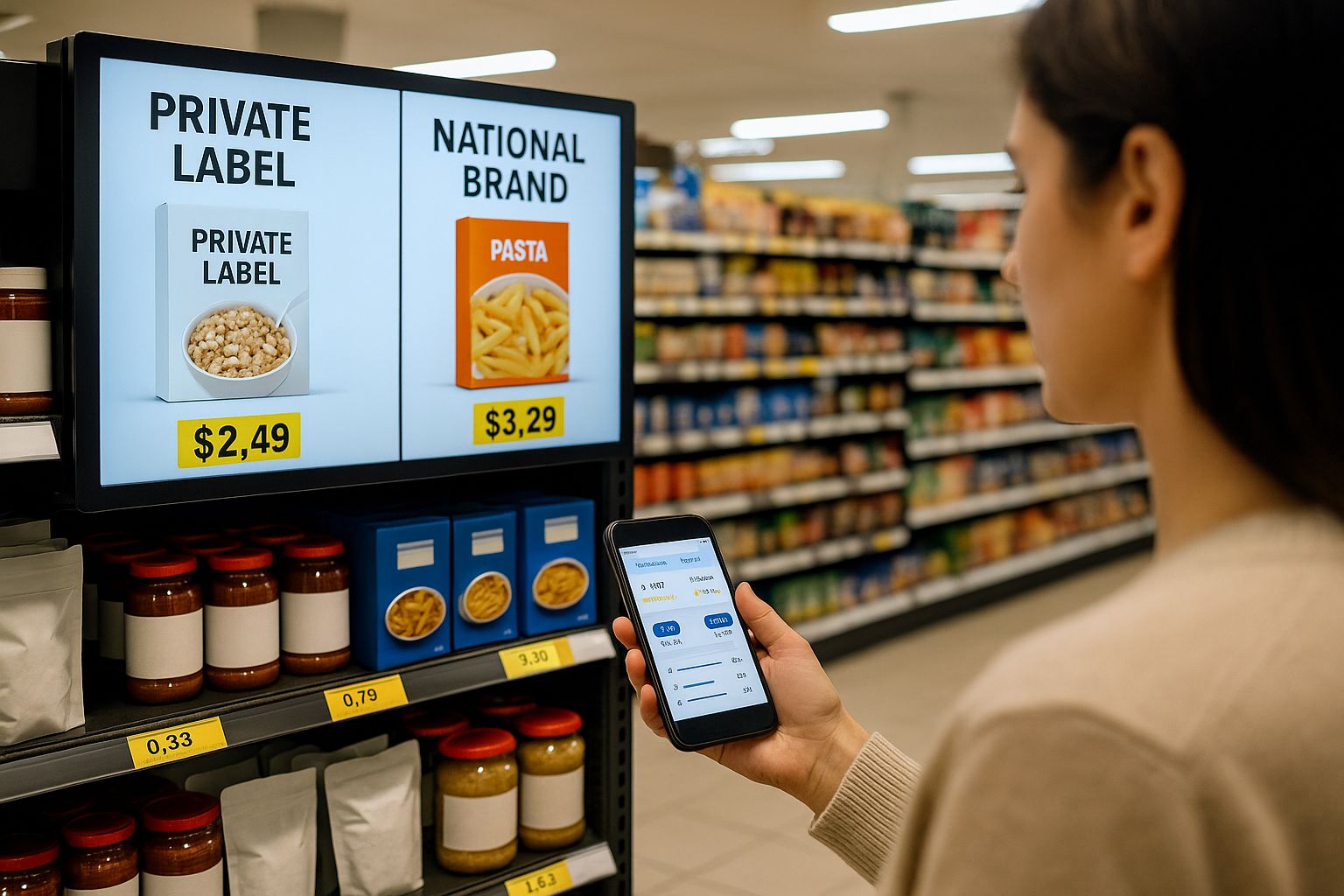 Shopper comparing price and quality between private label and national brands