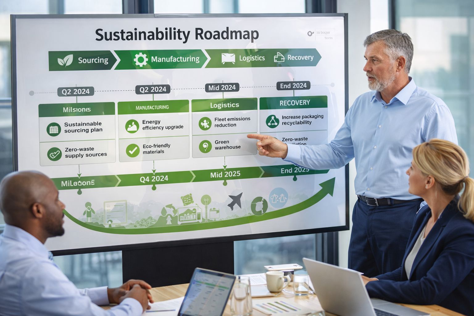 CPG team planning a phased roadmap for a sustainable supply chain