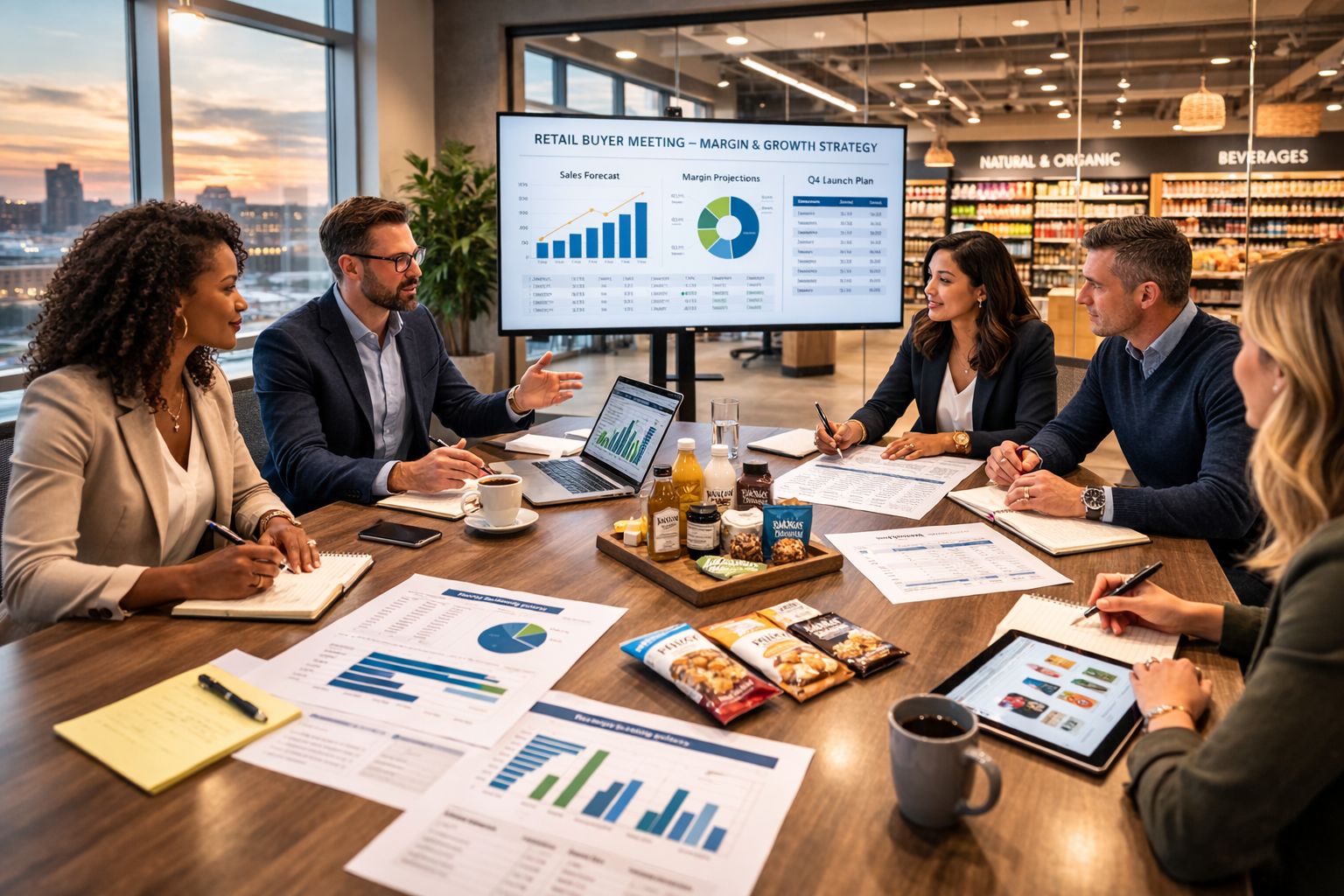 Retail buyer reviewing financial projections with emerging CPG founders in a meeting
