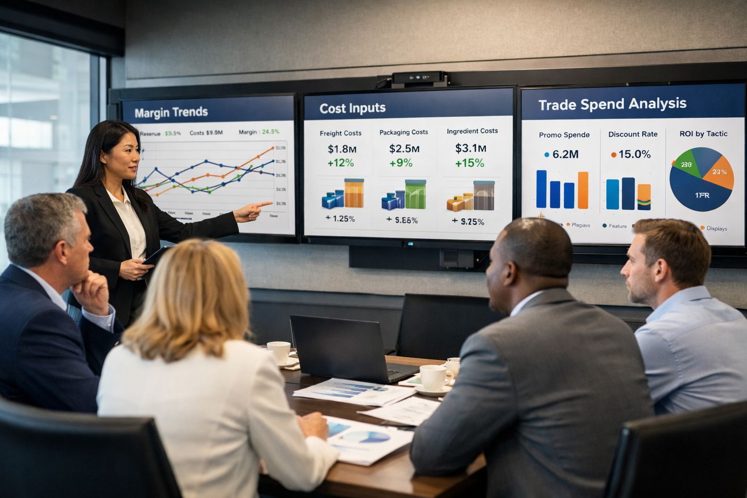 CPG executives reviewing margin performance dashboard