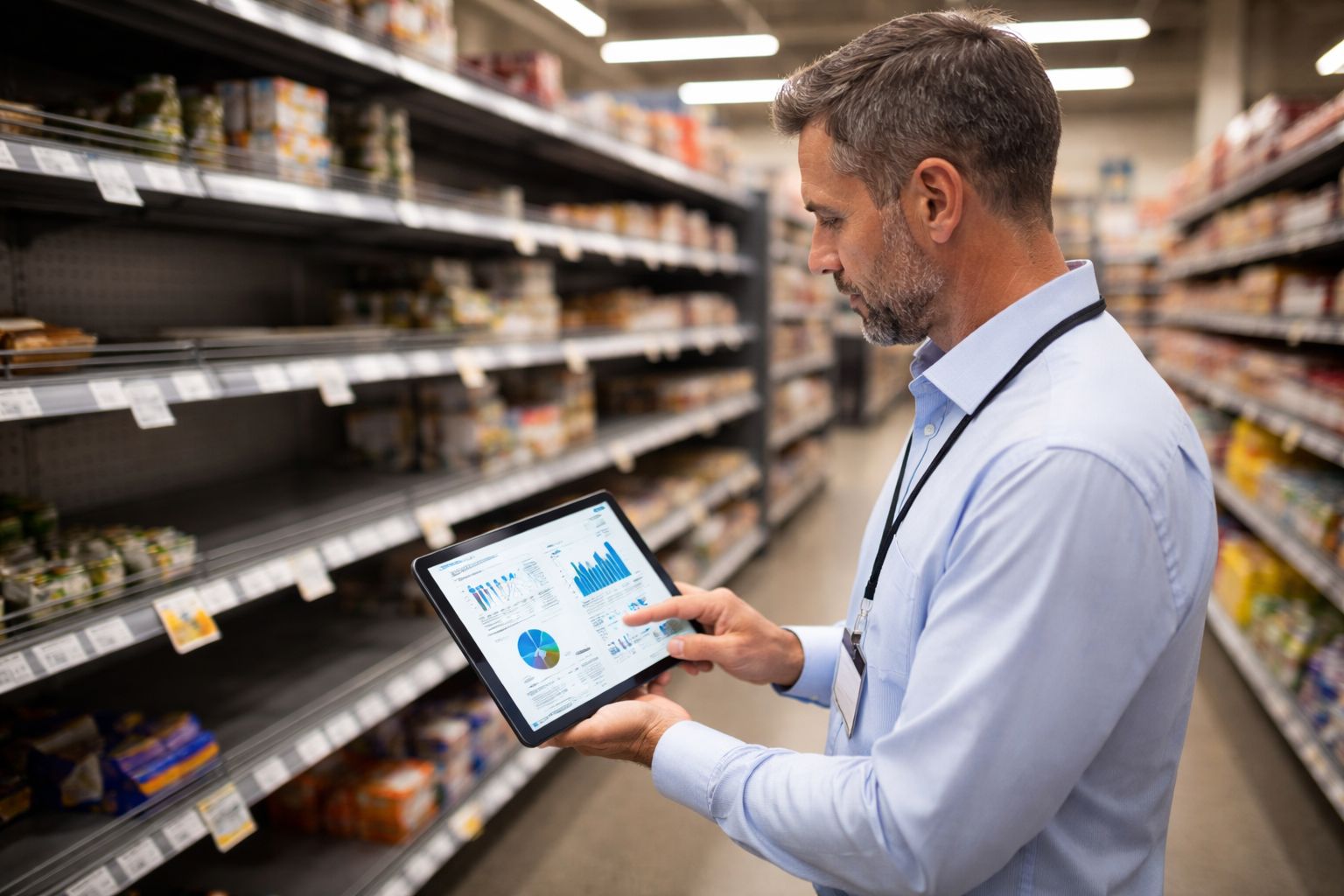 Retail shelf gaps with manager reviewing execution data