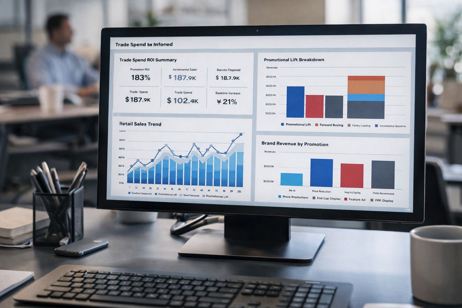 Trade spend ROI analytics dashboard with promotional performance metrics