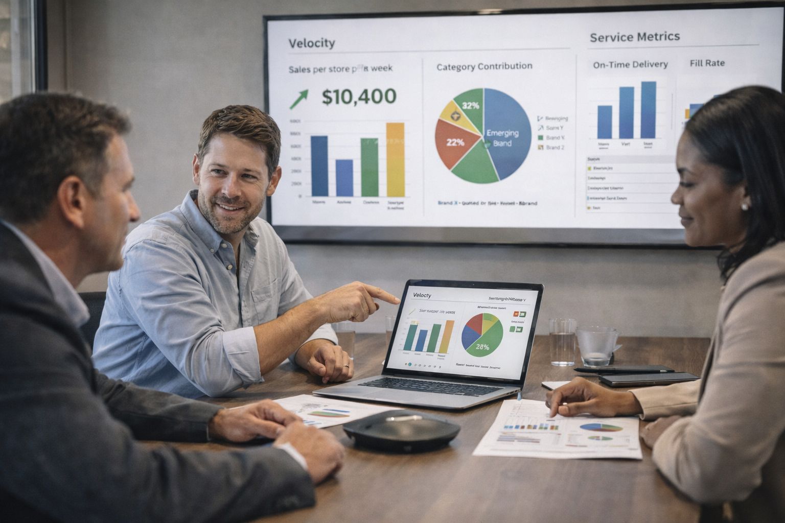 Emerging CPG team preparing a retail buyer review with performance charts