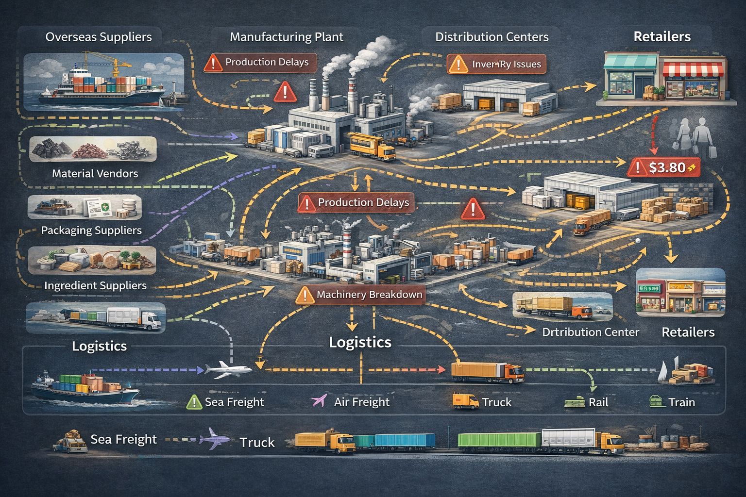 Complex CPG supply chain showing operational inefficiencies from rushed launches