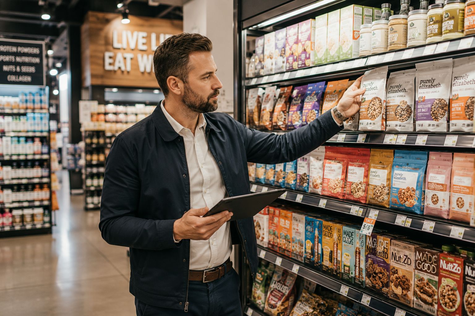 Retail buyer evaluating shelf execution performance for emerging CPG brands