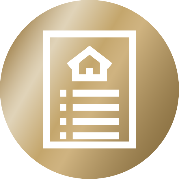White checklist icon with a house symbol on a gold circular background.