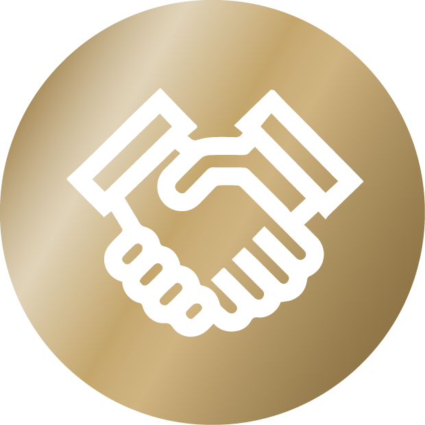 White handshake icon inside a gold circular background.