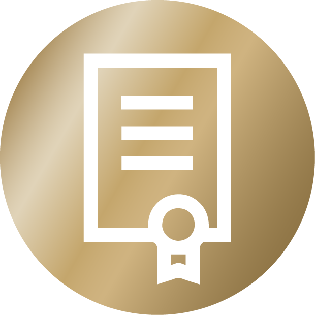 White certificate or document icon with a ribbon on a gold circular gradient background.