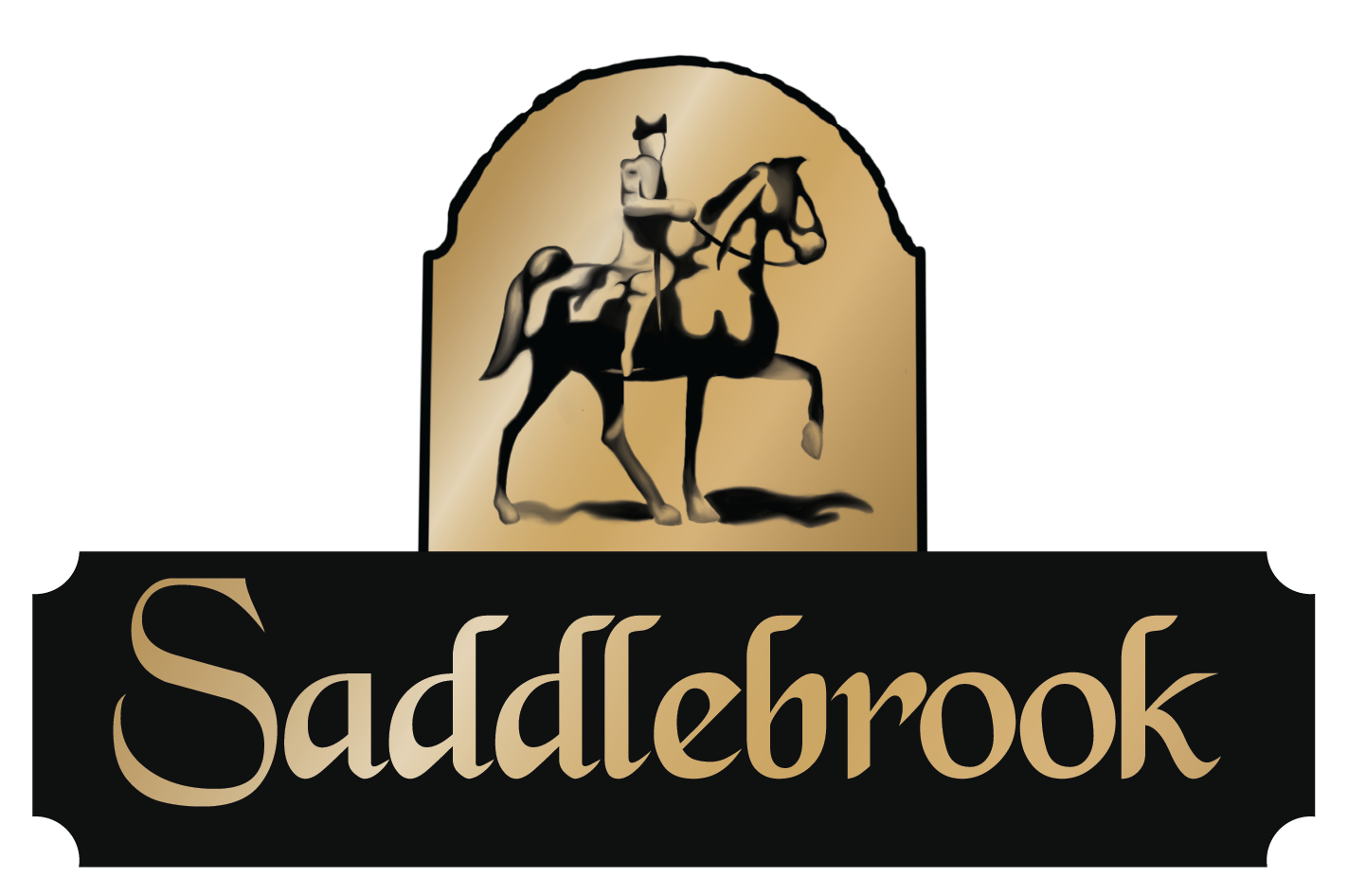 Saddlebrook logo featuring a stylized horse and rider in gold on a black background.