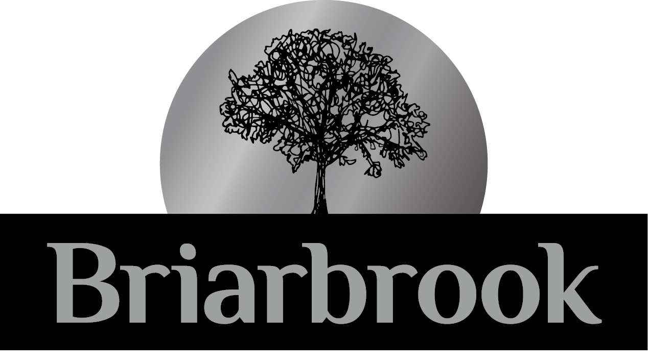 Logo with a stylized black tree inside a gray circle above the word 'Briarbrook' in large gray letters.