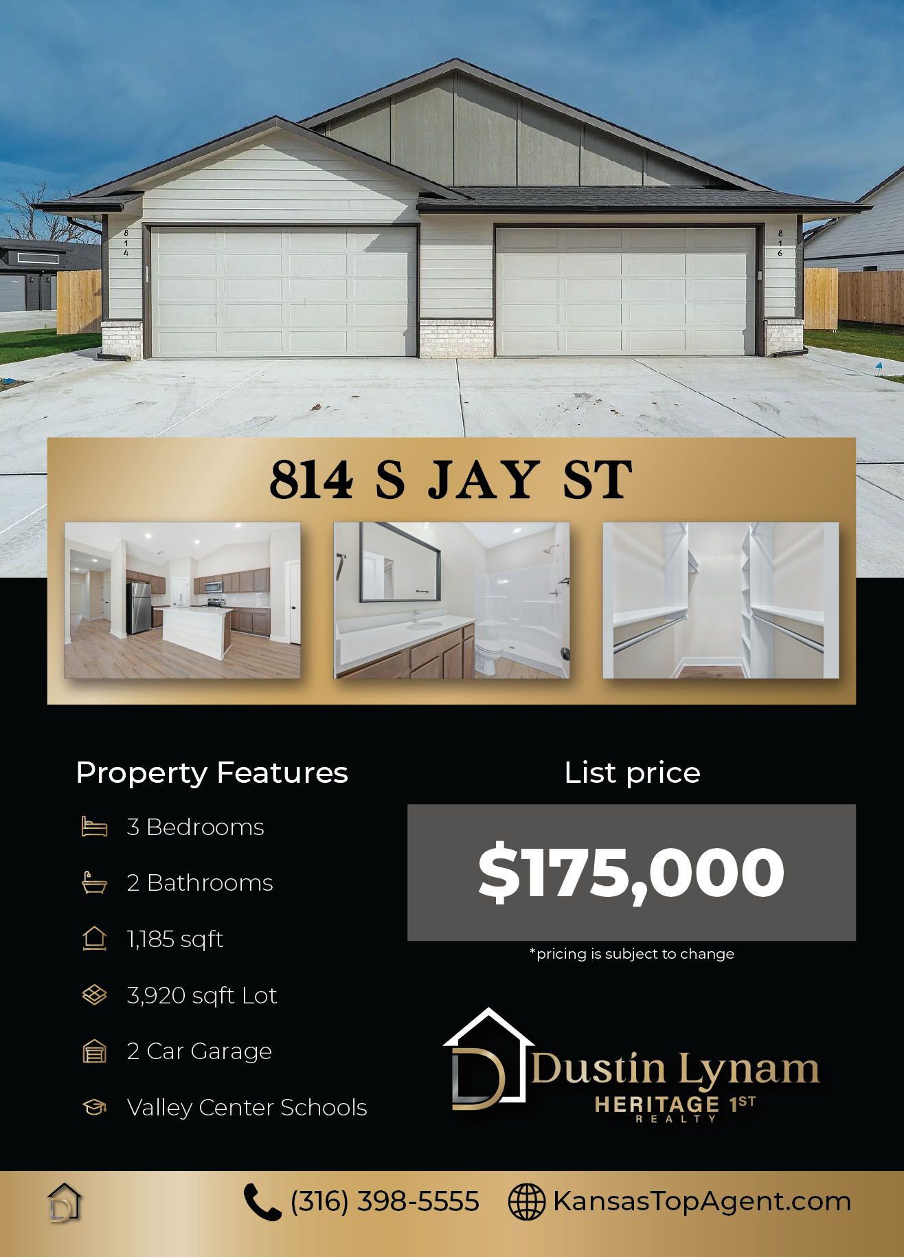 Exterior of a modern duplex house with two white garages, advertised for sale at 814 S Jay St, featuring 3 bedrooms, 2 bathrooms, 1185 sqft, 3920 sqft lot, 2-car garage, and Valley Center Schools with a list price of $175,000.