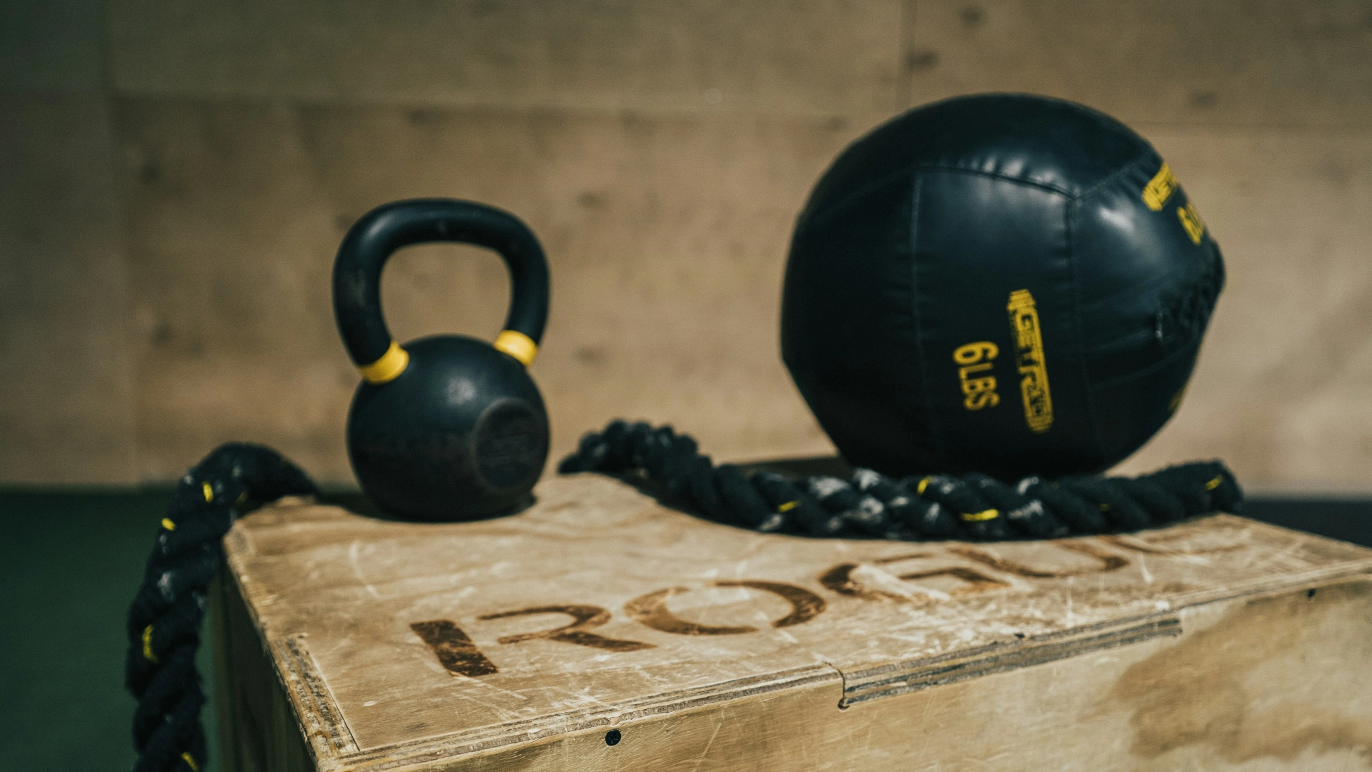 Rogue Fitness equipment displayed, promoting drop-in fitness classes in Stamford, CT.