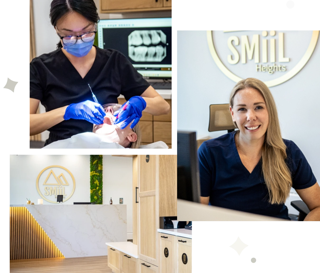 Registered dental hygienist providing gentle cleaning treatment to patient at SMiiL Heights Calgary
Bright SMiiL Heights front desk with logo sign and warm wood design in Calgary dental hygiene clinic