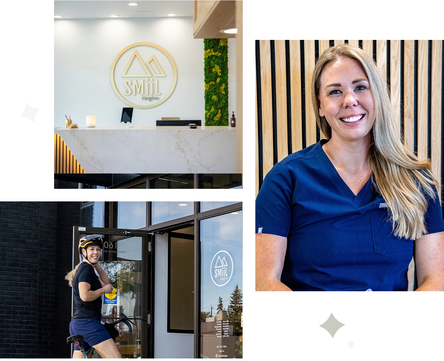 Bright SMiiL Heights front desk with logo sign and warm wood design in Calgary dental hygiene clinic. Owner. Elyse cycling on street with downtown Calgary skyline in background