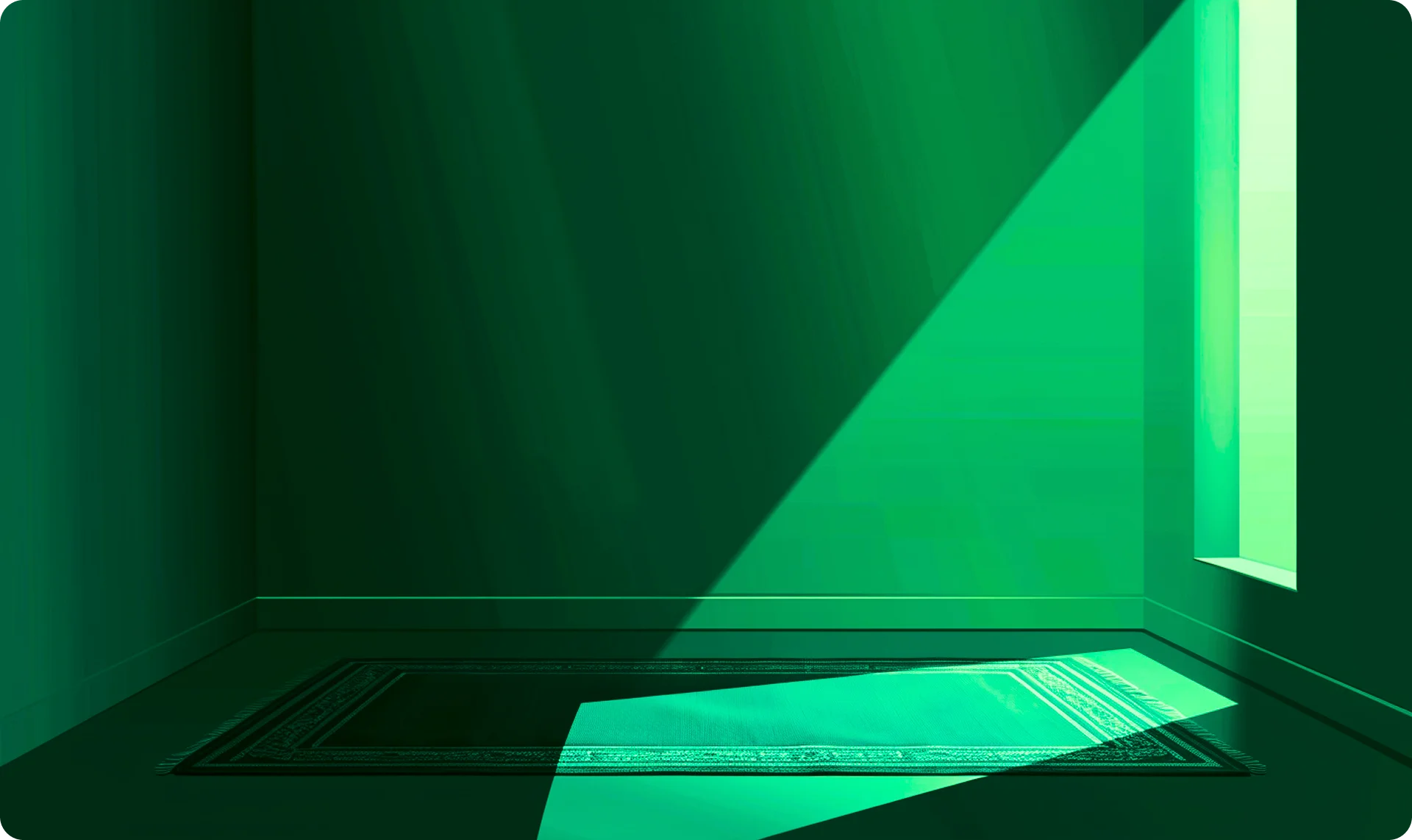 A prayer mat in a room with a window on the right side shining light in the room