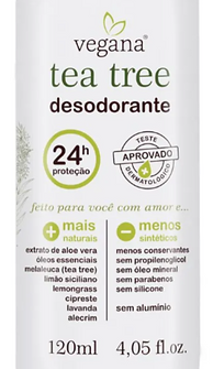  Desodorante Tea Tree é 100% natural, com ativo inibidor a decomposição enzimática dos componentes do suor. Desenvolvido com óleos essenciais de Melaleuca, Lemongrass, Cipreste, Alecrim, Limão Siciliano e Lavanda que atuam em sinergia com o ativo desodorante (Triethyl citrate). Seus ingredientes são harmonizados de forma a produzir um aroma natural fresco e com notas cítricas. 