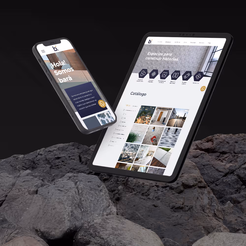 Smartphone and tablet floating over rocks displaying a website in Spanish for architectural spaces and catalog.