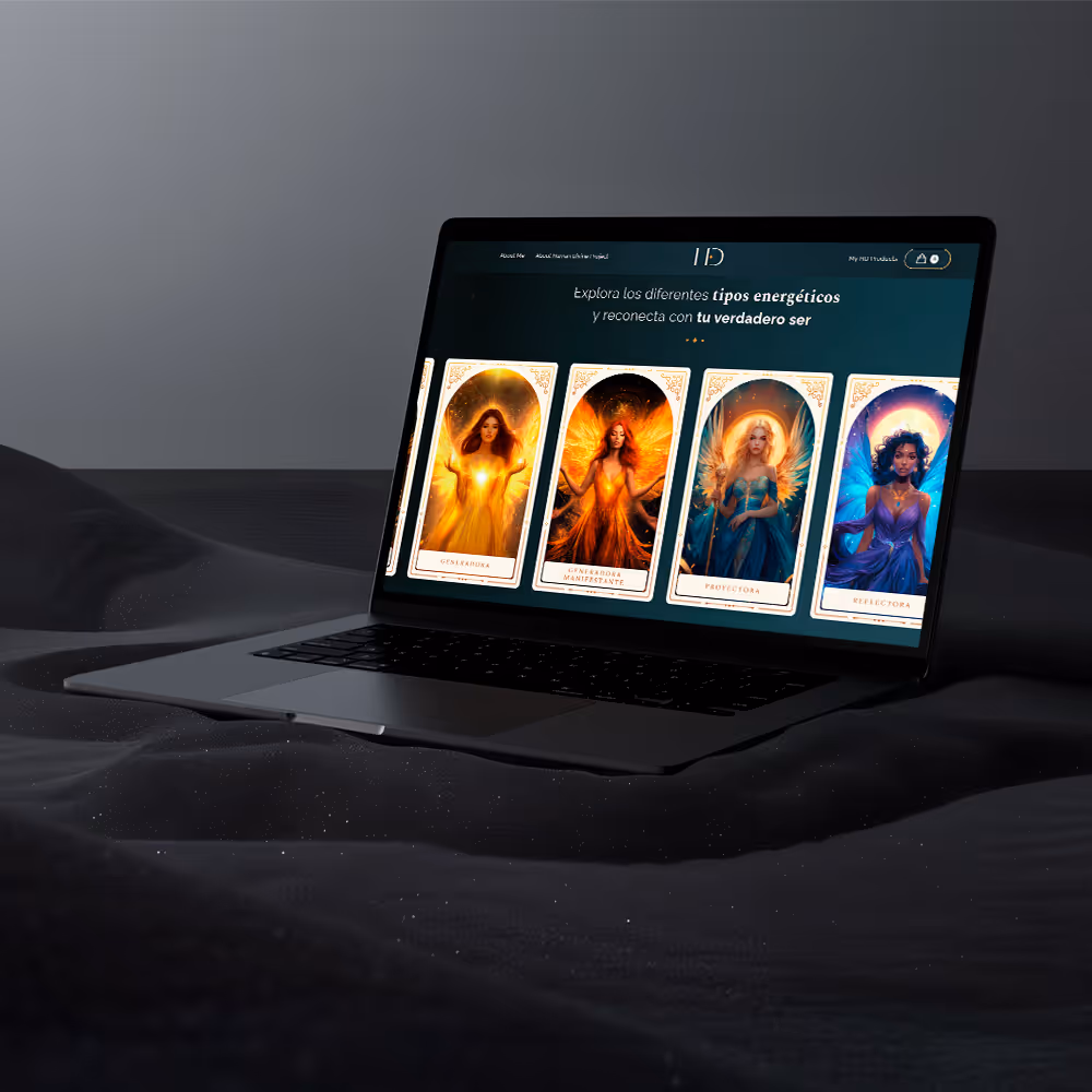 Laptop on dark fabric showing a website with four tarot-style cards featuring different female figures.