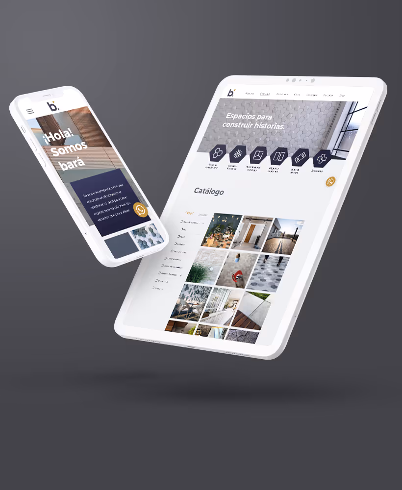 Mobile and tablet screens displaying Bará's website design.