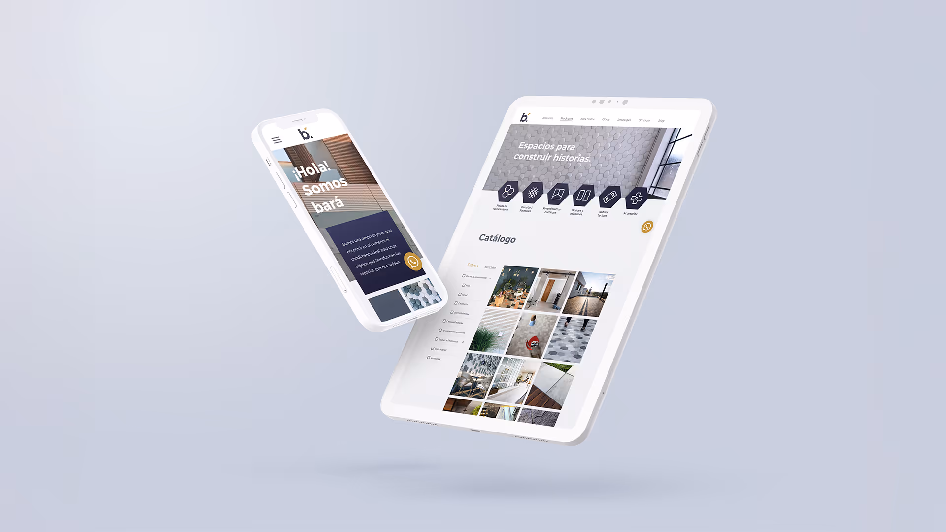 Mobile and tablet screens displaying Bará's website design.