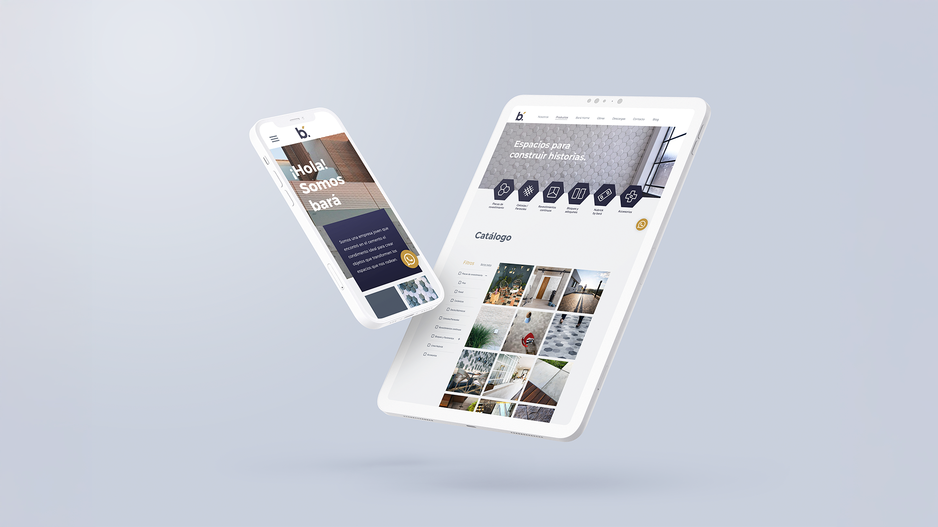 Mobile and tablet screens displaying Bará's website design.