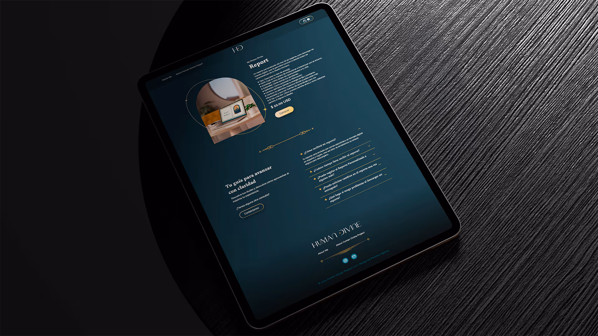 Product page displayed on a tablet from the Human Divine Project website.