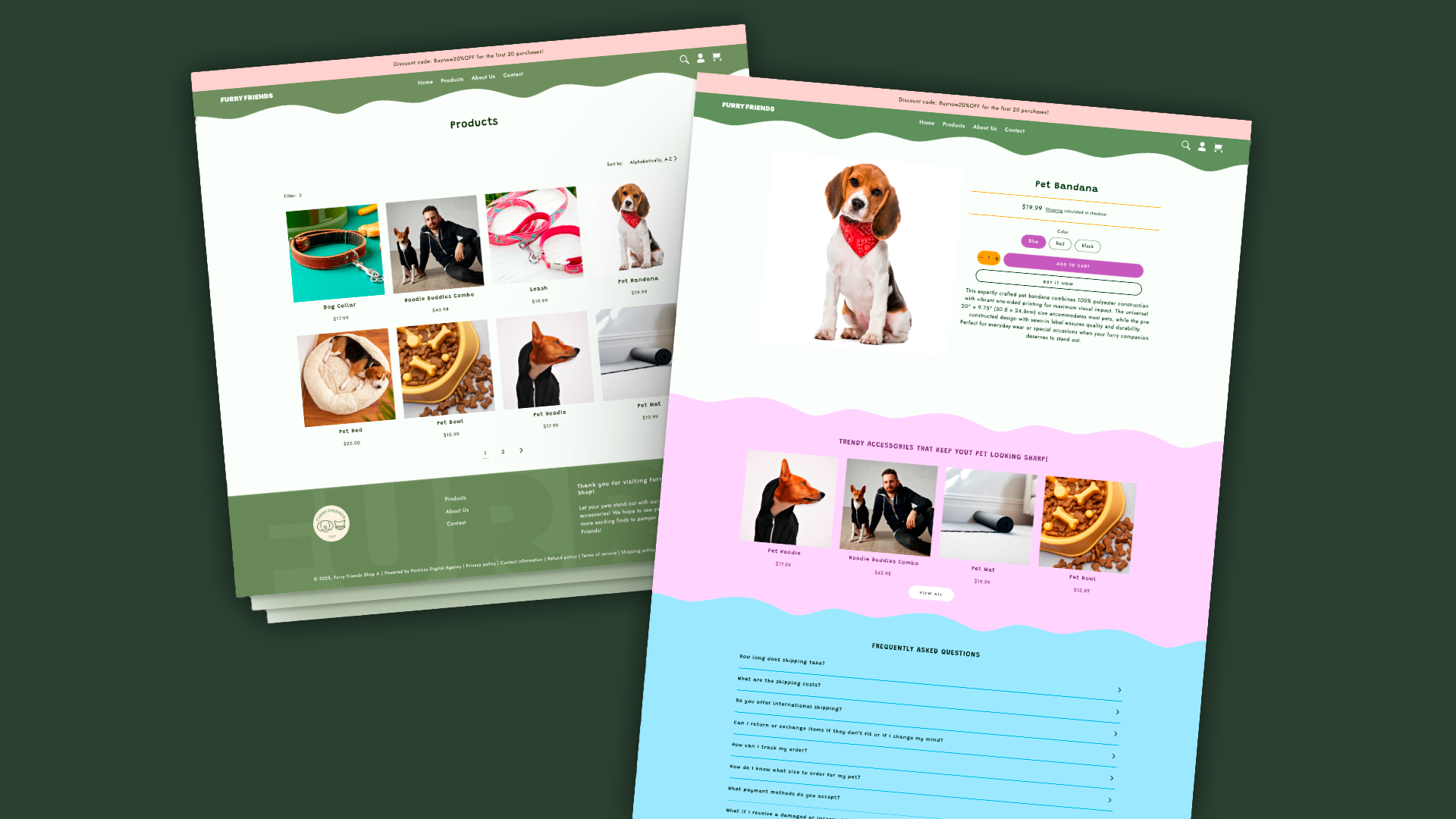 Product page screens of the Furry Friends e-commerce website showcasing different pet products.