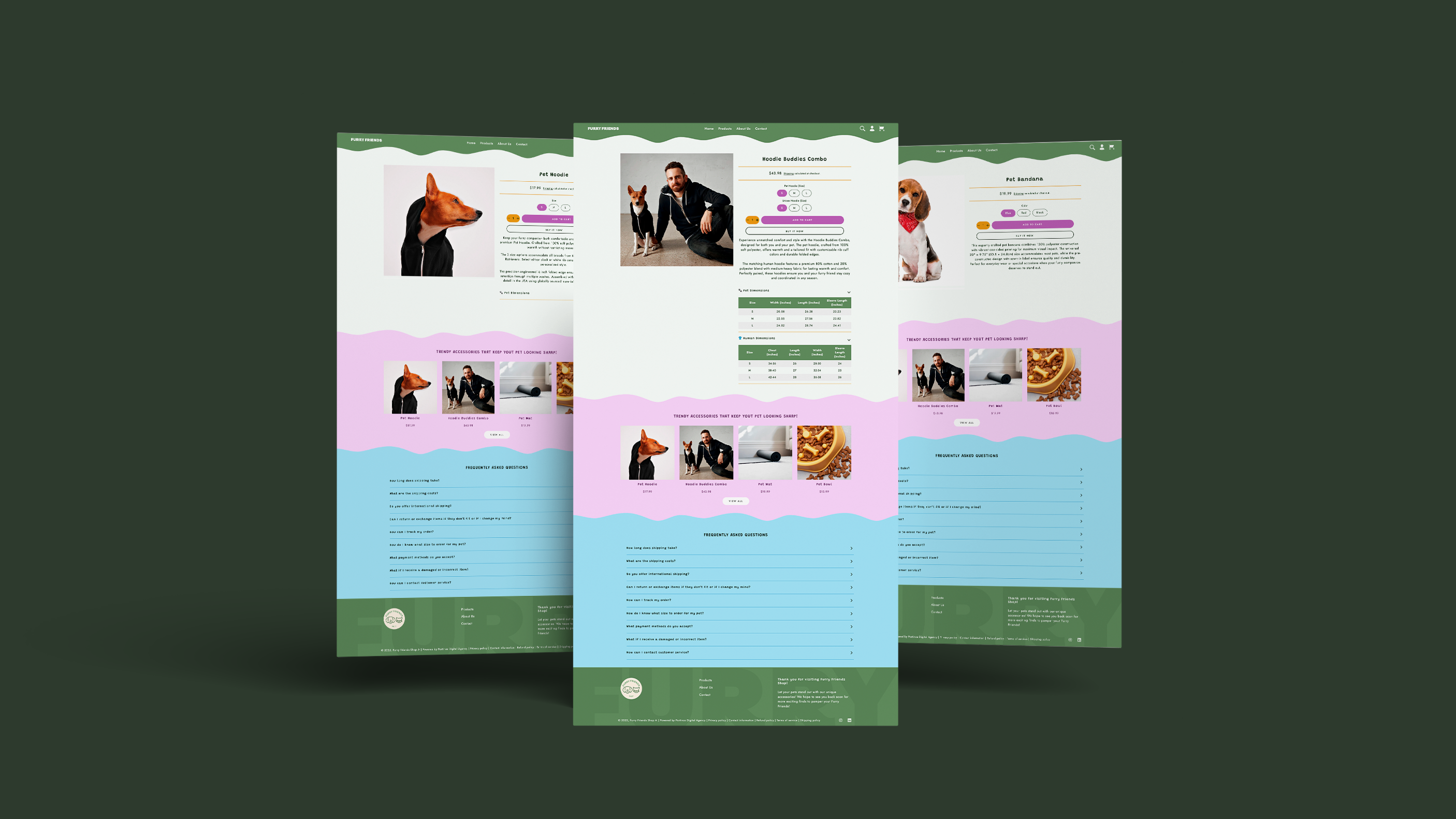 Screens of multiple product pages from the Furry Friends e-commerce website displaying various pet products.