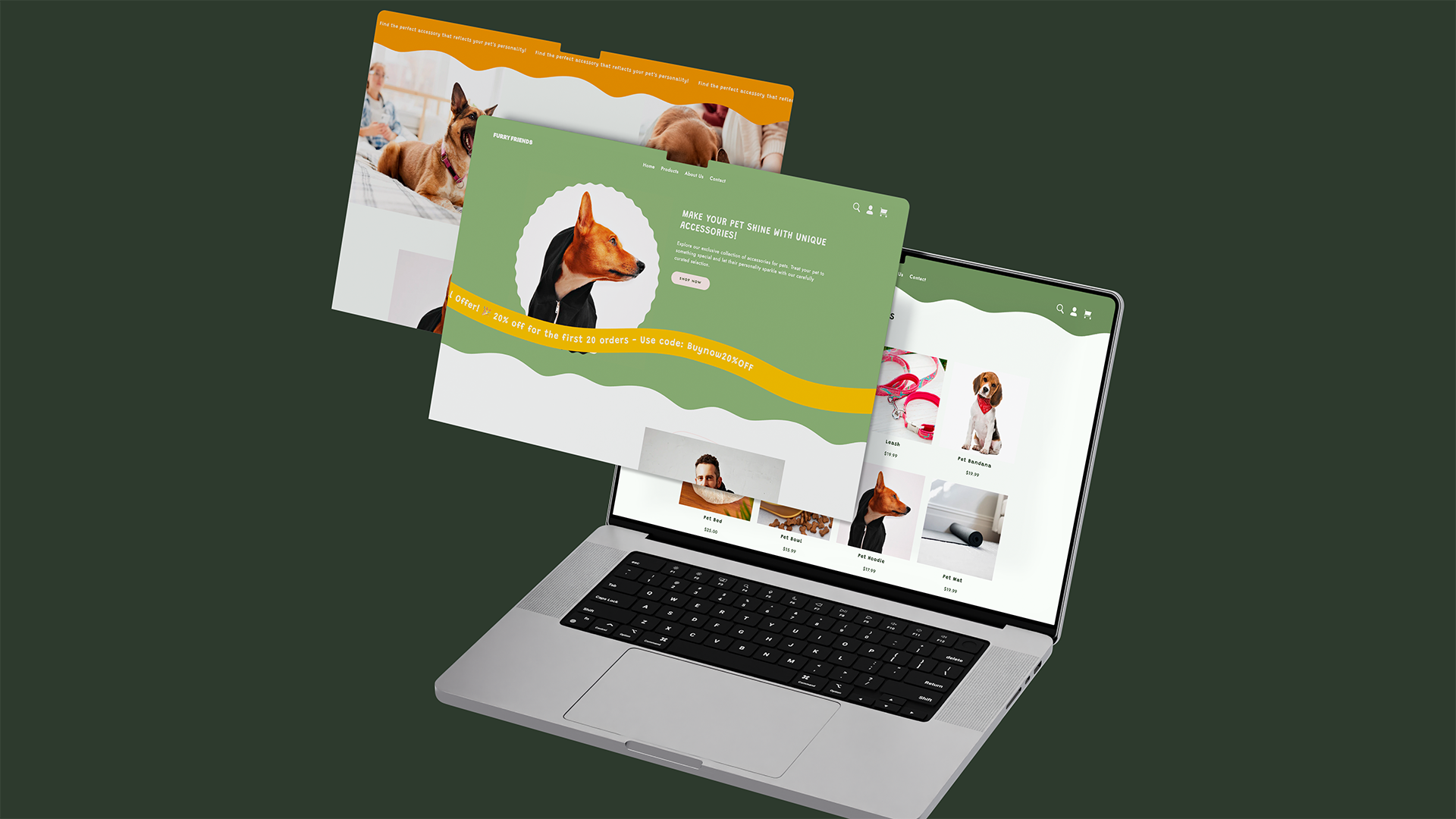 Various screens of the Furry Friends e-commerce website displayed on a desktop device.