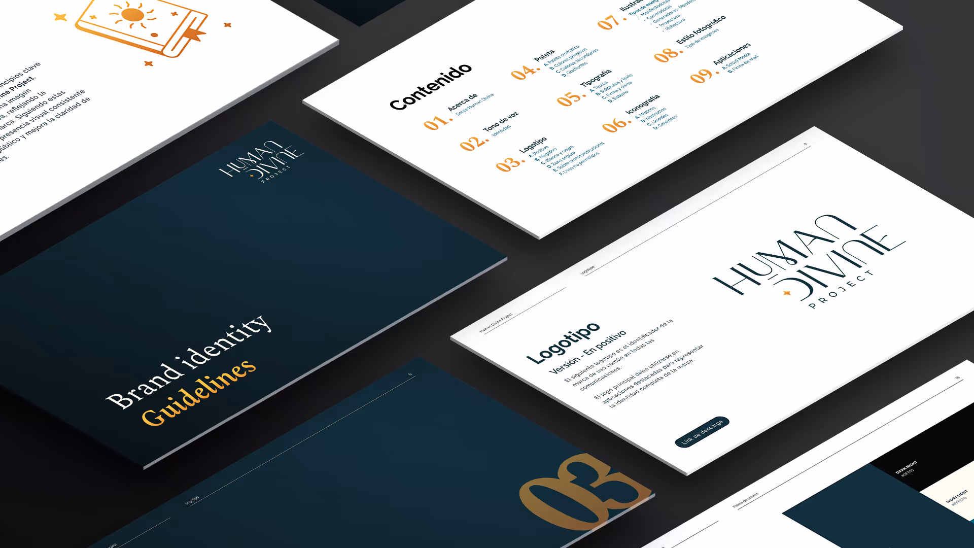Brand book of the Human Divine Project showcasing branding elements and guidelines.