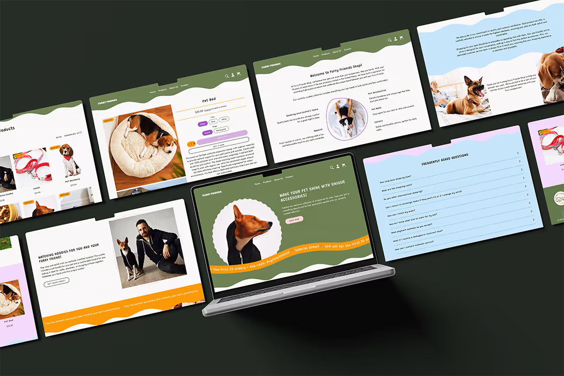 Desktop views showing different screens of one Furry Friends Shop demo store.