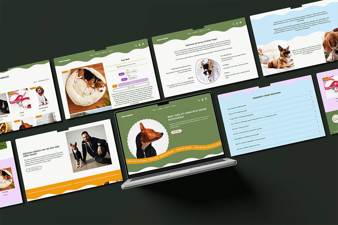 Desktop views showing different screens of one Furry Friends Shop demo store.