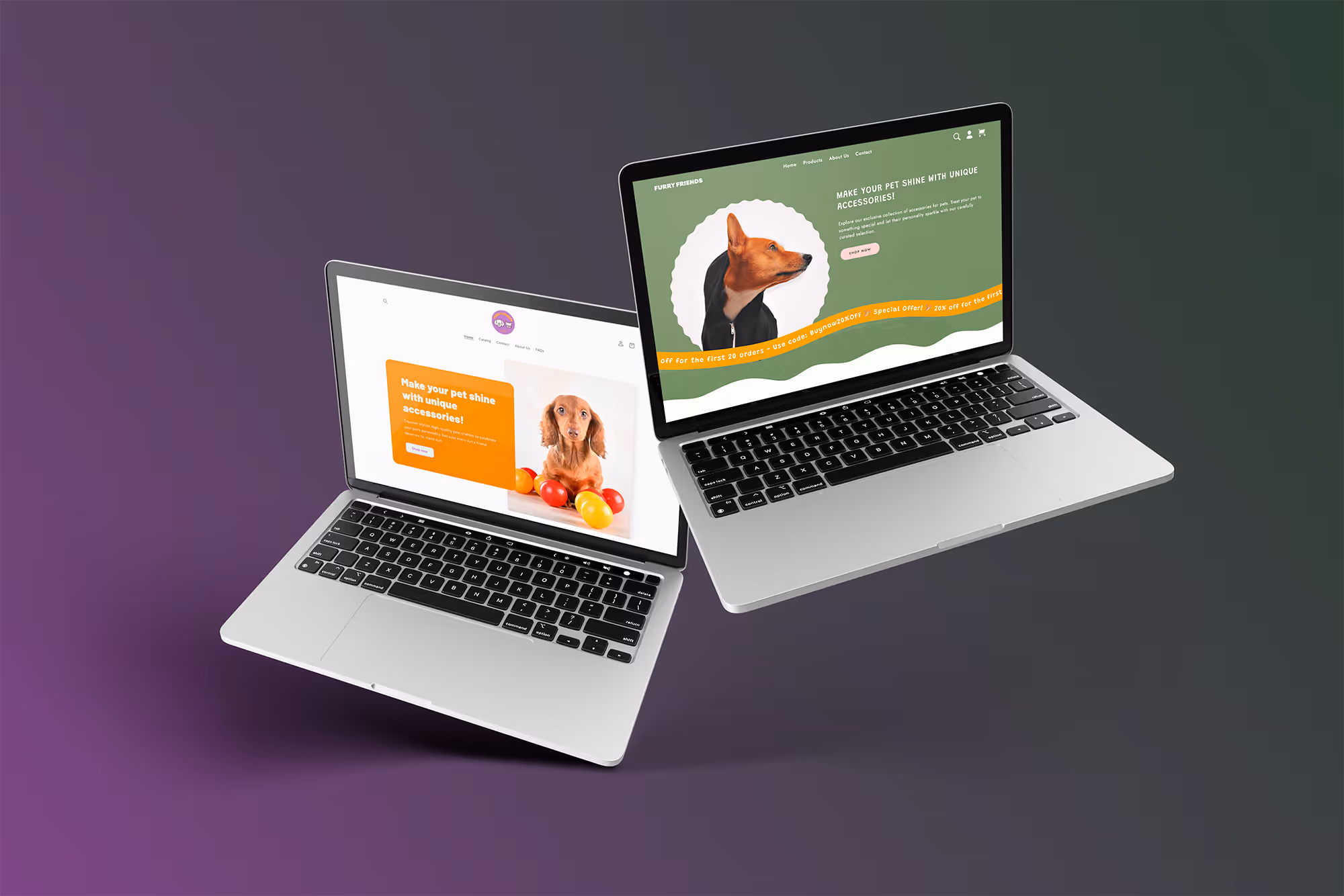 Two laptops displaying different demo Shopify stores for Furry Friends Shop, a conceptual pet accessory brand.