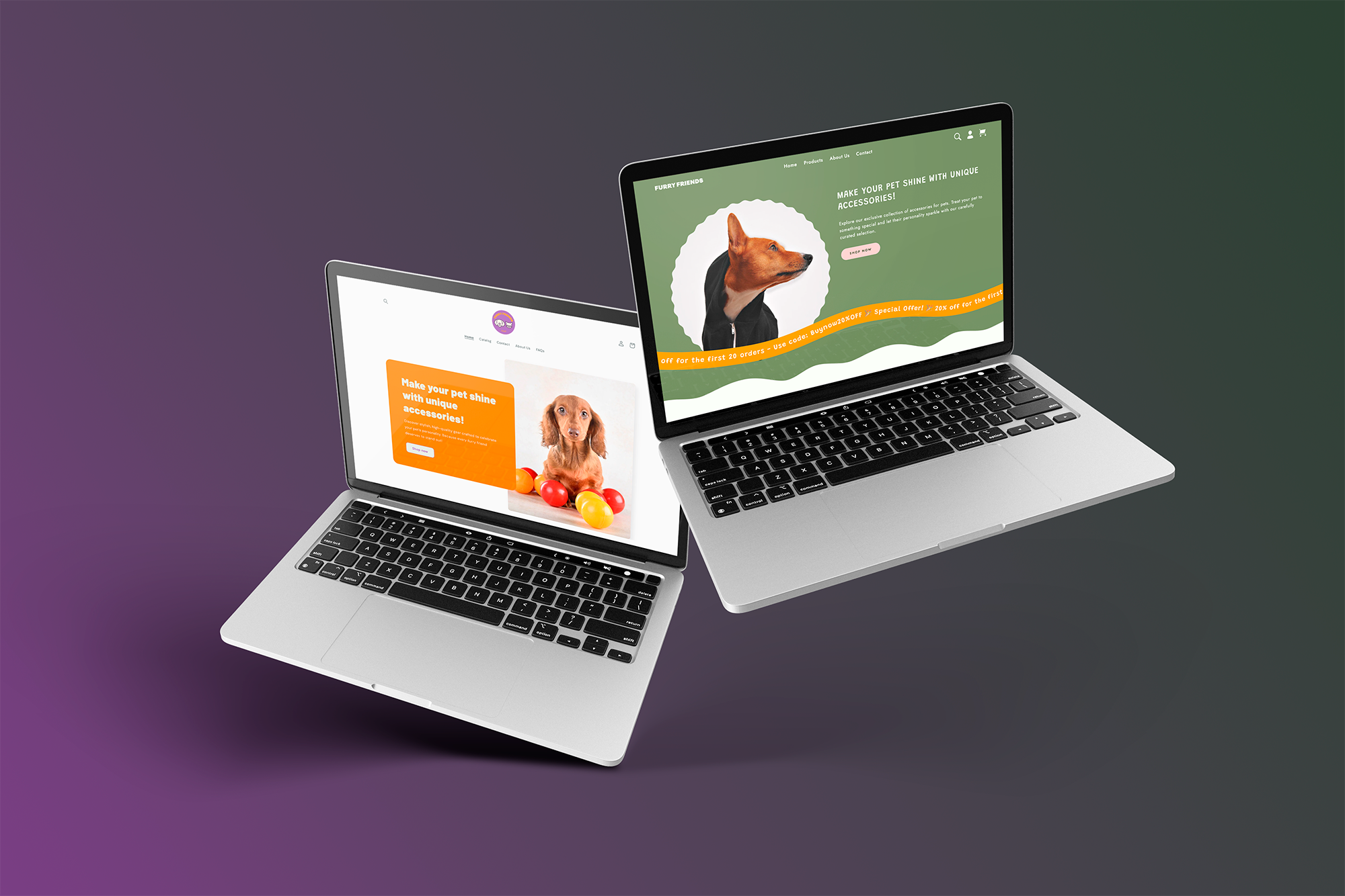 Two laptops displaying different demo Shopify stores for Furry Friends Shop, a conceptual pet accessory brand.