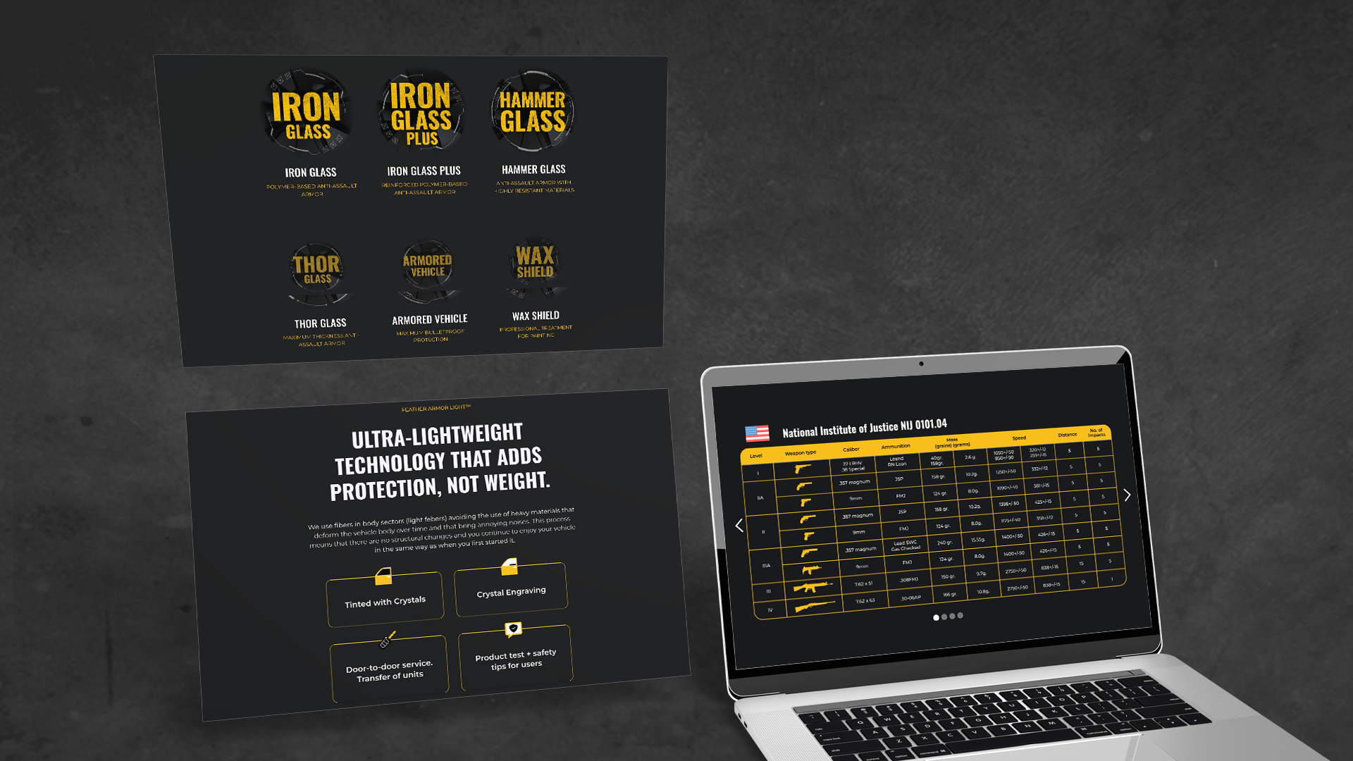 Iron Glass website screens showing the product line and a comparison table on a laptop