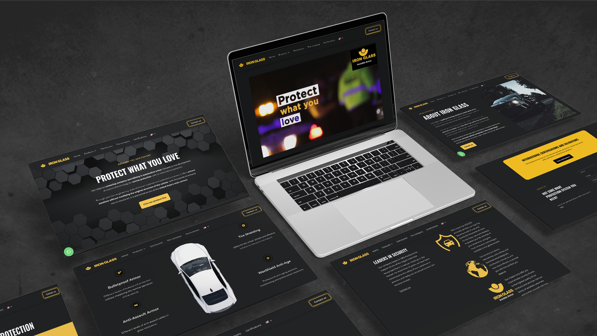 Iron Glass website mockup on a laptop, surrounded by black and yellow page designs