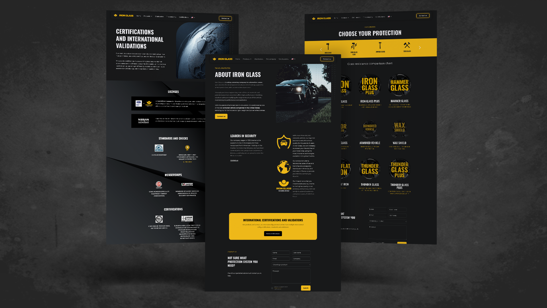 Several black and yellow Iron Glass web pages: certifications, about us and protection options