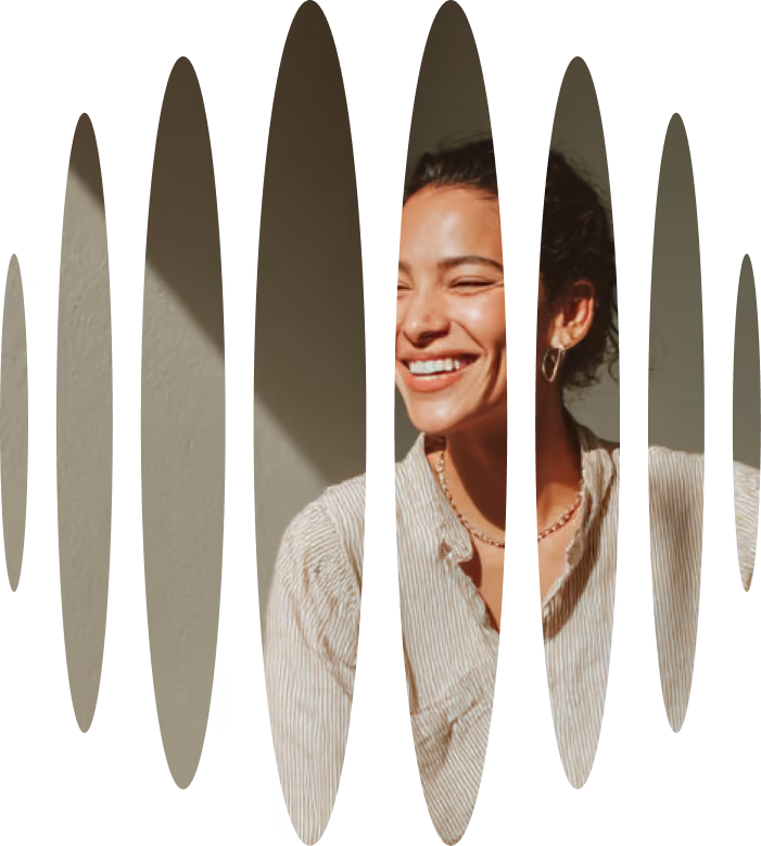 Happy patient behind Amplitud AI logomark