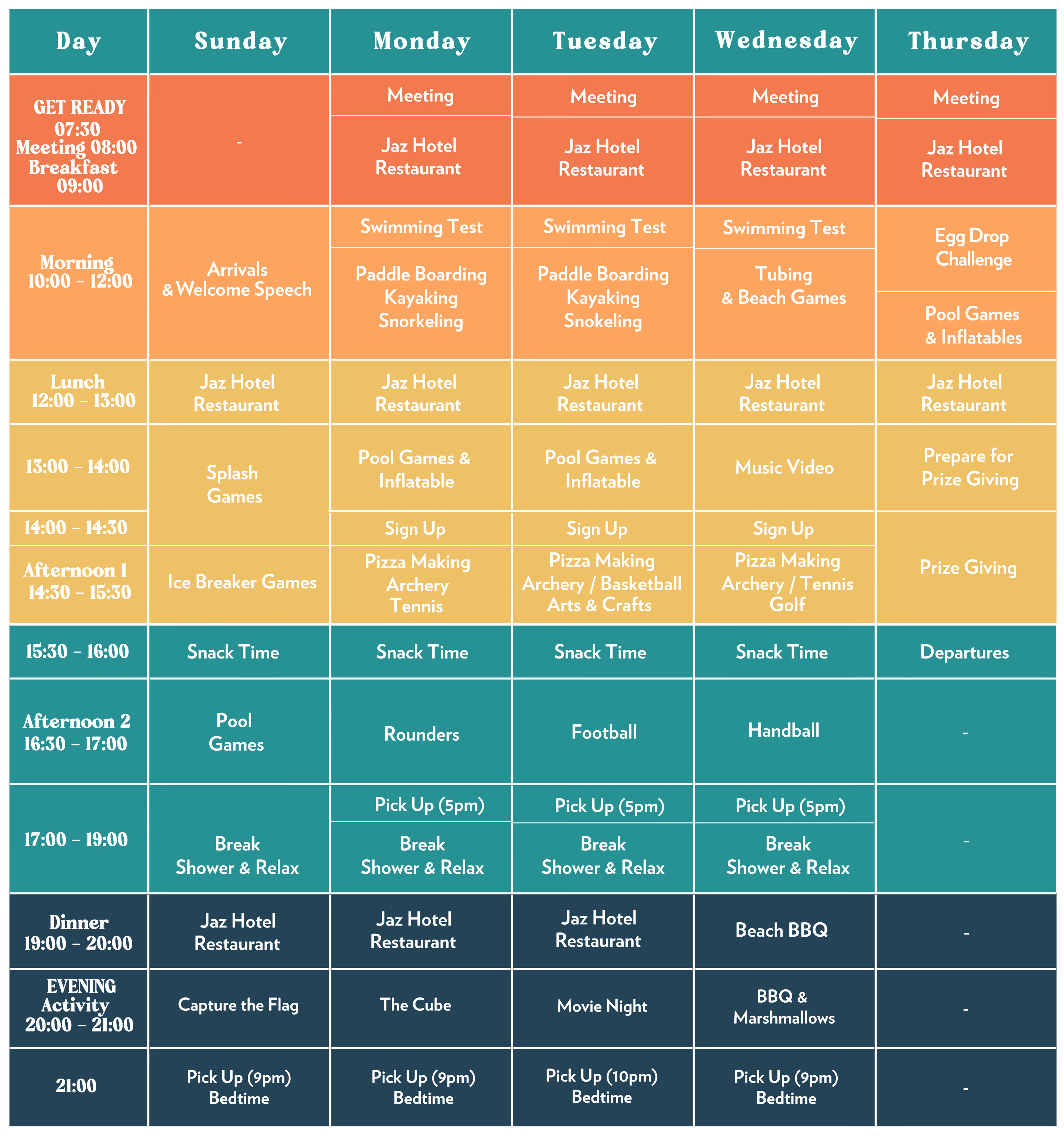 Weekly schedule listing daily activities like meetings, sports, games, meals, and evening events from Sunday to Thursday.
