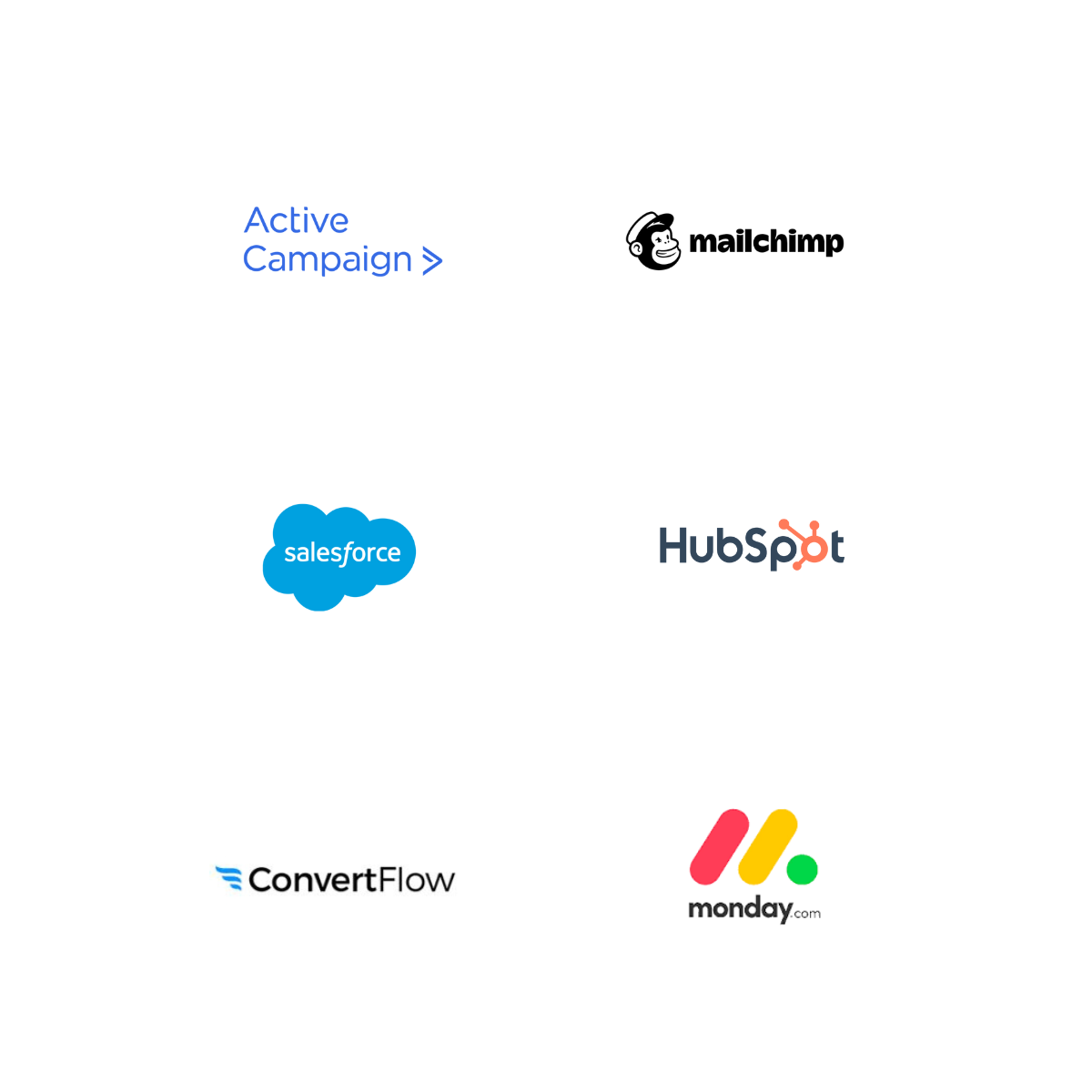 Logos of CRM and email marketing tools used by the agency, including ActiveCampaign, Mailchimp, Salesforce, HubSpot, ConvertFlow, and Monday.com.