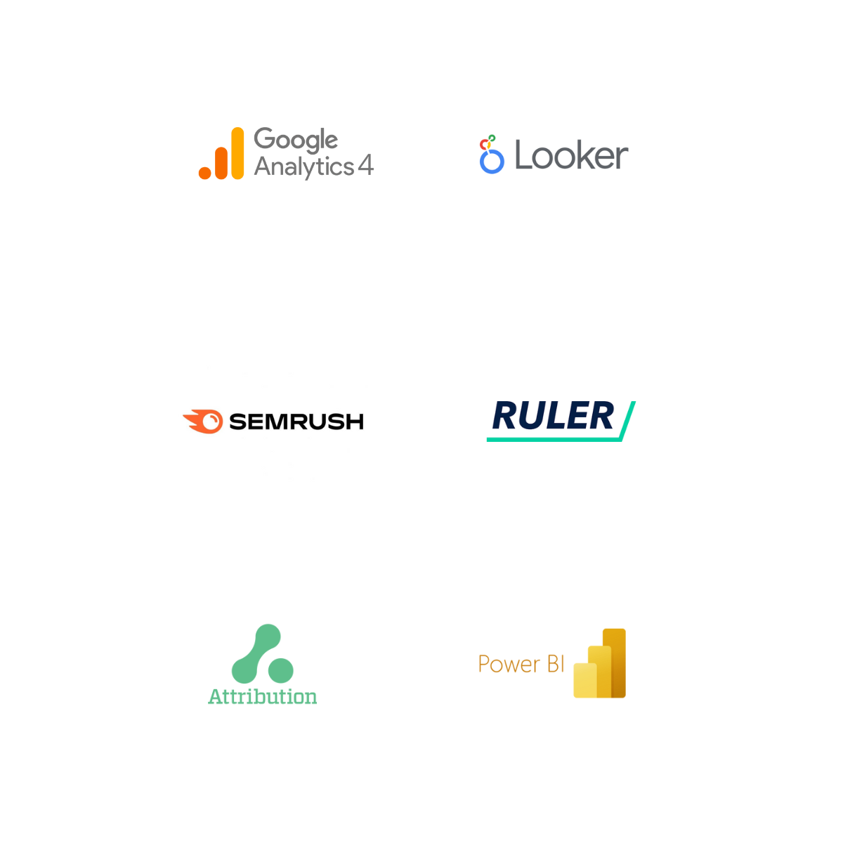 Logos of reporting and analytics tools including Google Analytics 4, Looker, SEMrush, Ruler Analytics, Attribution, and Microsoft Power BI, representing the technology used for data-driven marketing and performance tracking.